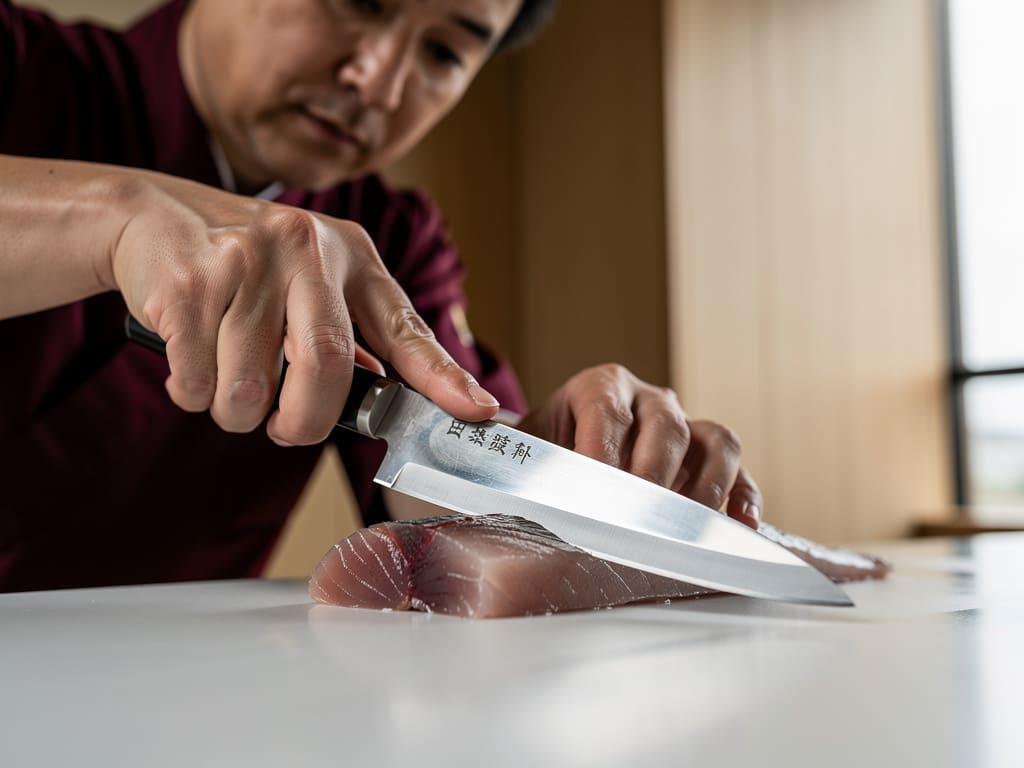 Chef giapponese mentre affetta il pesce al bancone sushi