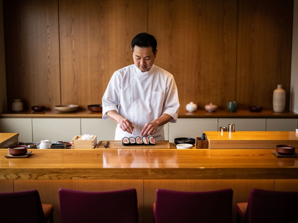 Interno del ristorante Vuvefevila con bancone sushi e chef al lavoro