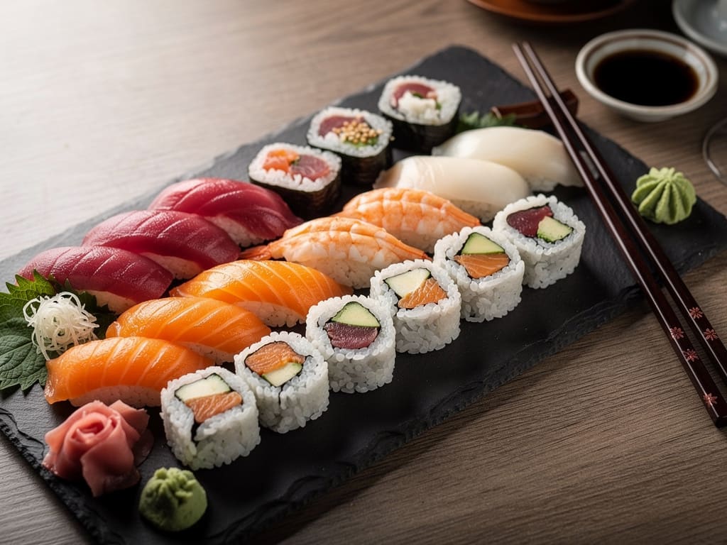 Piatto di sushi assortito con nigiri e maki su vassoio scuro